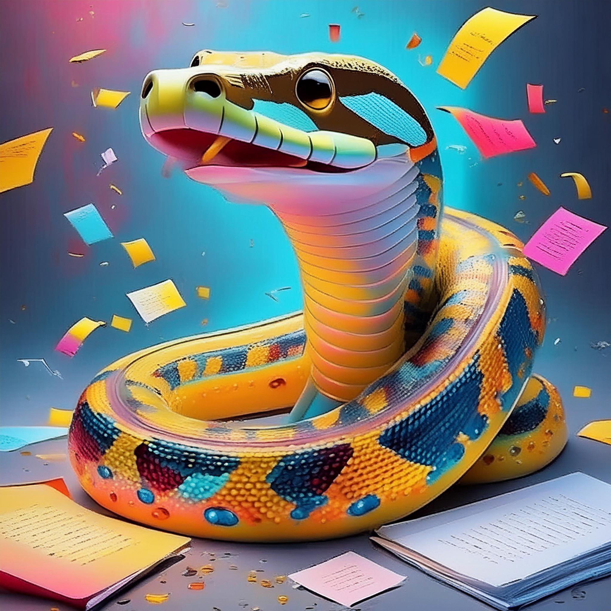 AI prompt: Friendly python slithering over several sheets of paper